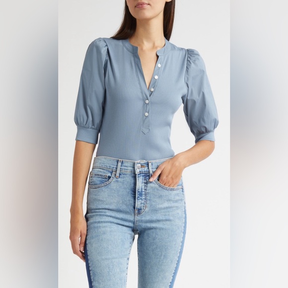 Veronica Beard Tops - Veronica Beard Coralee Puff Sleeve Button-Front Top in Lake Mist